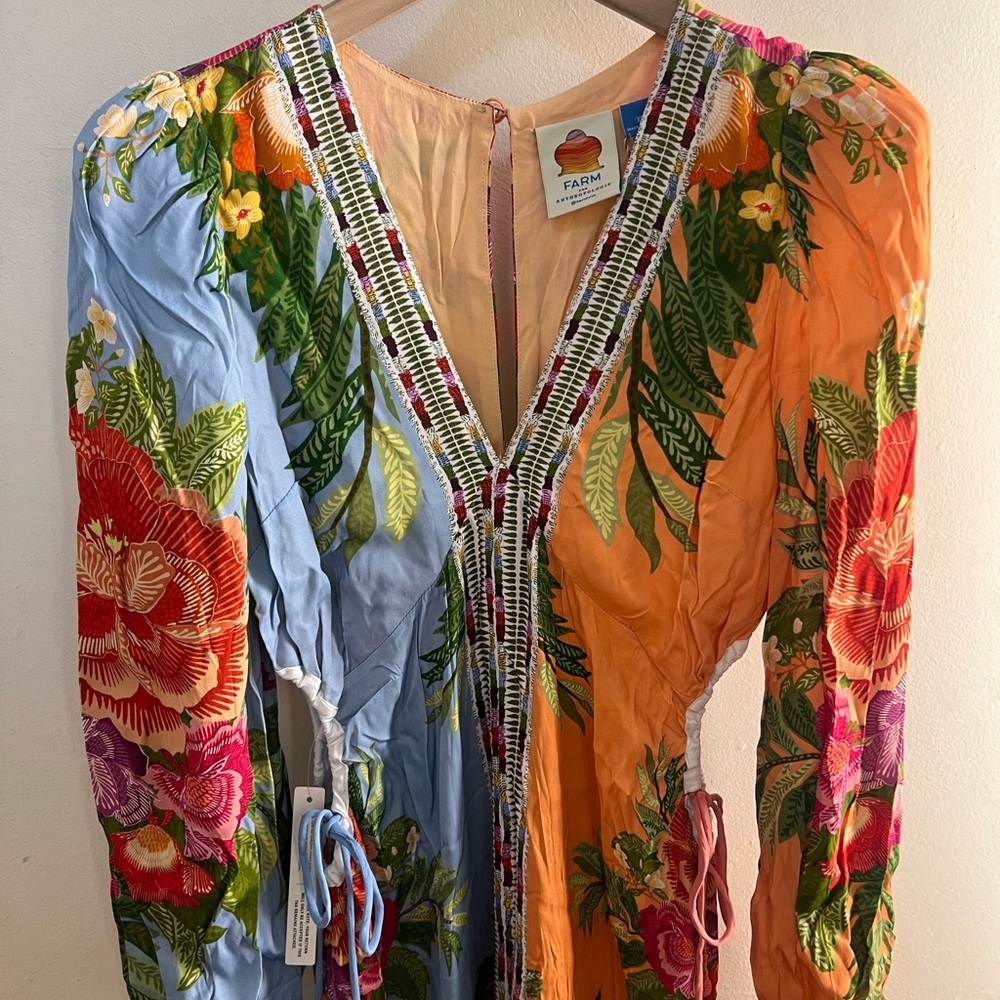 NWT FARM Rio x Anthropology Long Sleeve V-Neck Blue Maxi Floral Dress Size XS - Picture 3 of 13